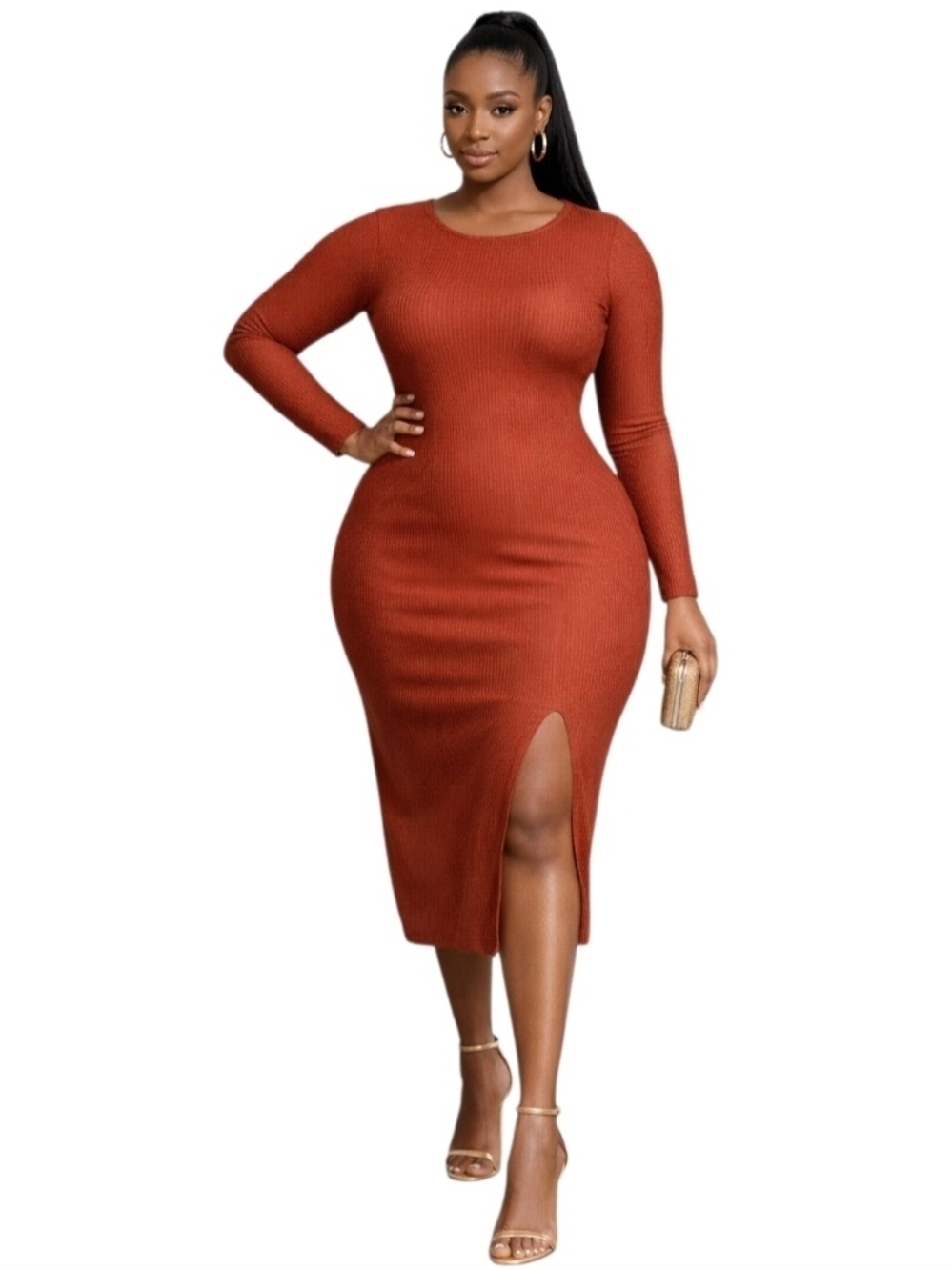 Heart Hips Ribbed Long-Sleeve Midi Dress in Rust. Size L
